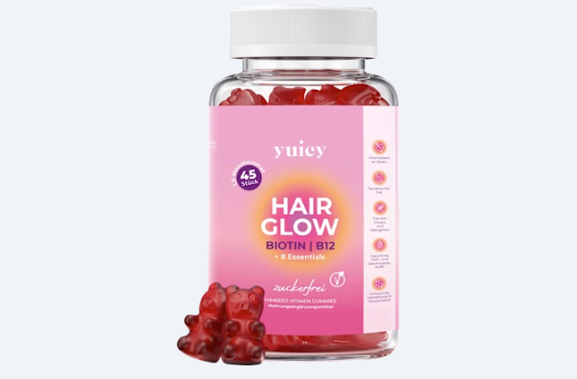Vitamines capillaires Hair Glow Biotine I B12 + 8 Essentiels Gummies (45 pièces), 121 g Complément alimentaire